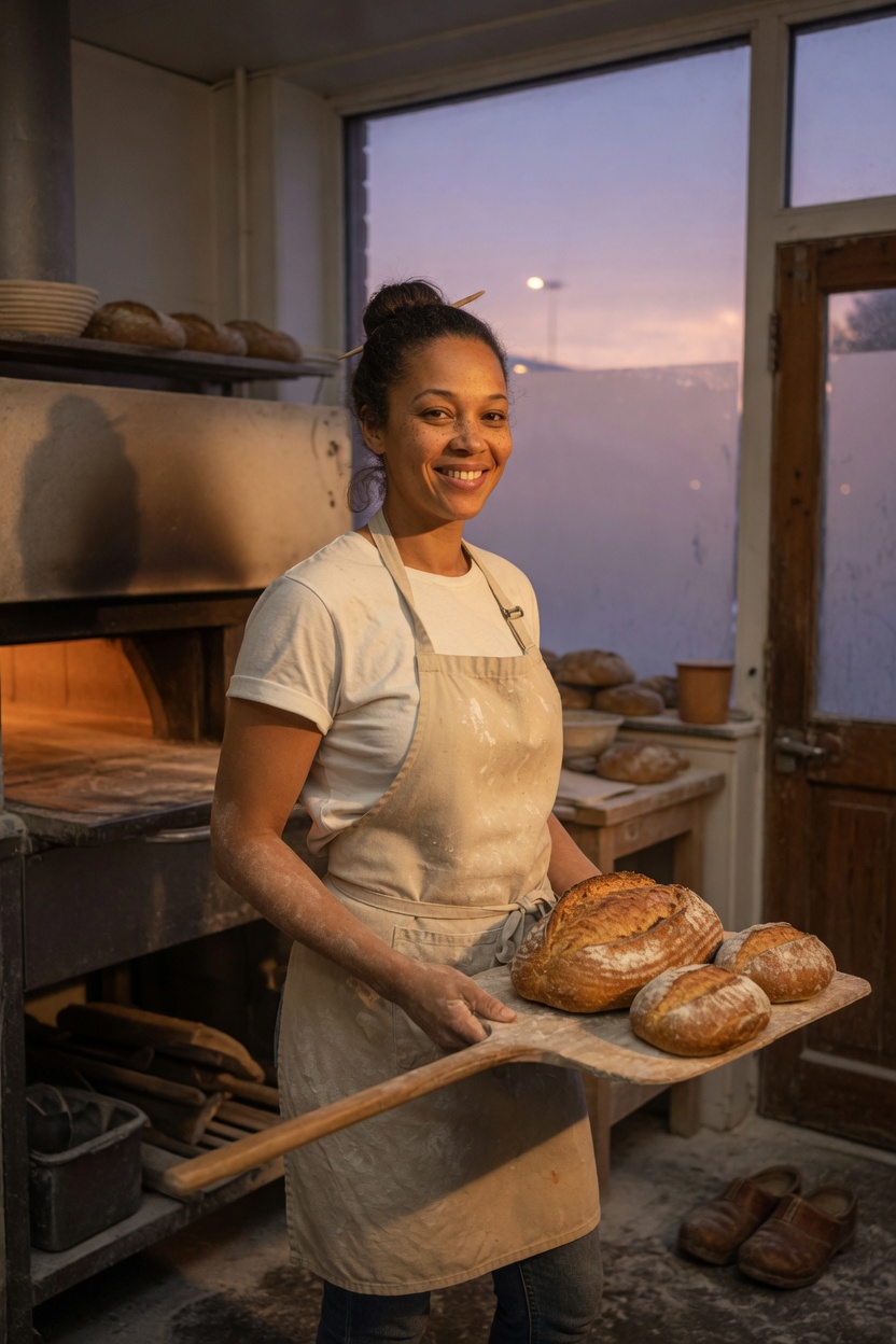 Rosa in a flour-dusted apron, hair in a bun, standing in a bakery at dawn, clogs by the door.