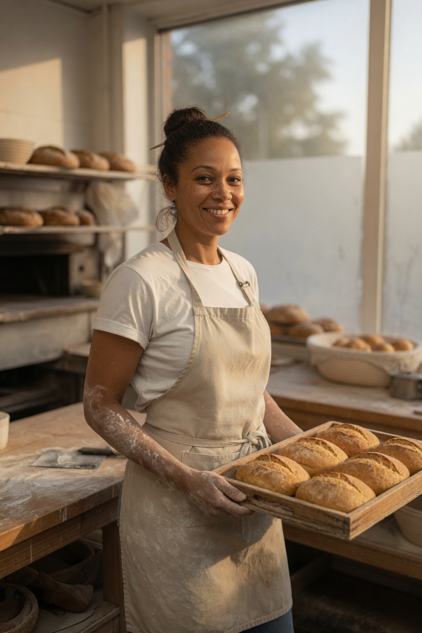 Rosa at a wood counter, apron over a t-shirt, flour on her forearms, morning light, a tray of plain rolls.