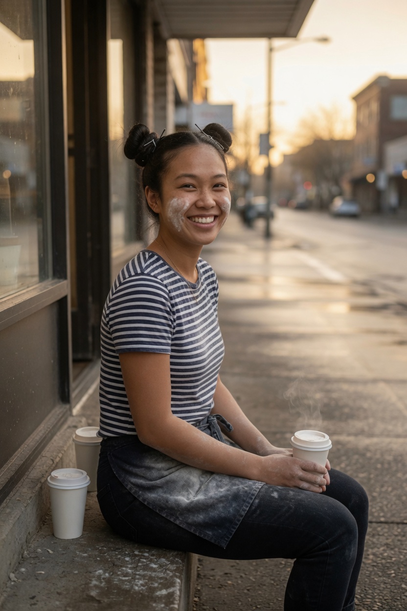 Ruby seated on the bakery step, striped tee, flour on her cheek, two coffee cups beside her, morning street empty.