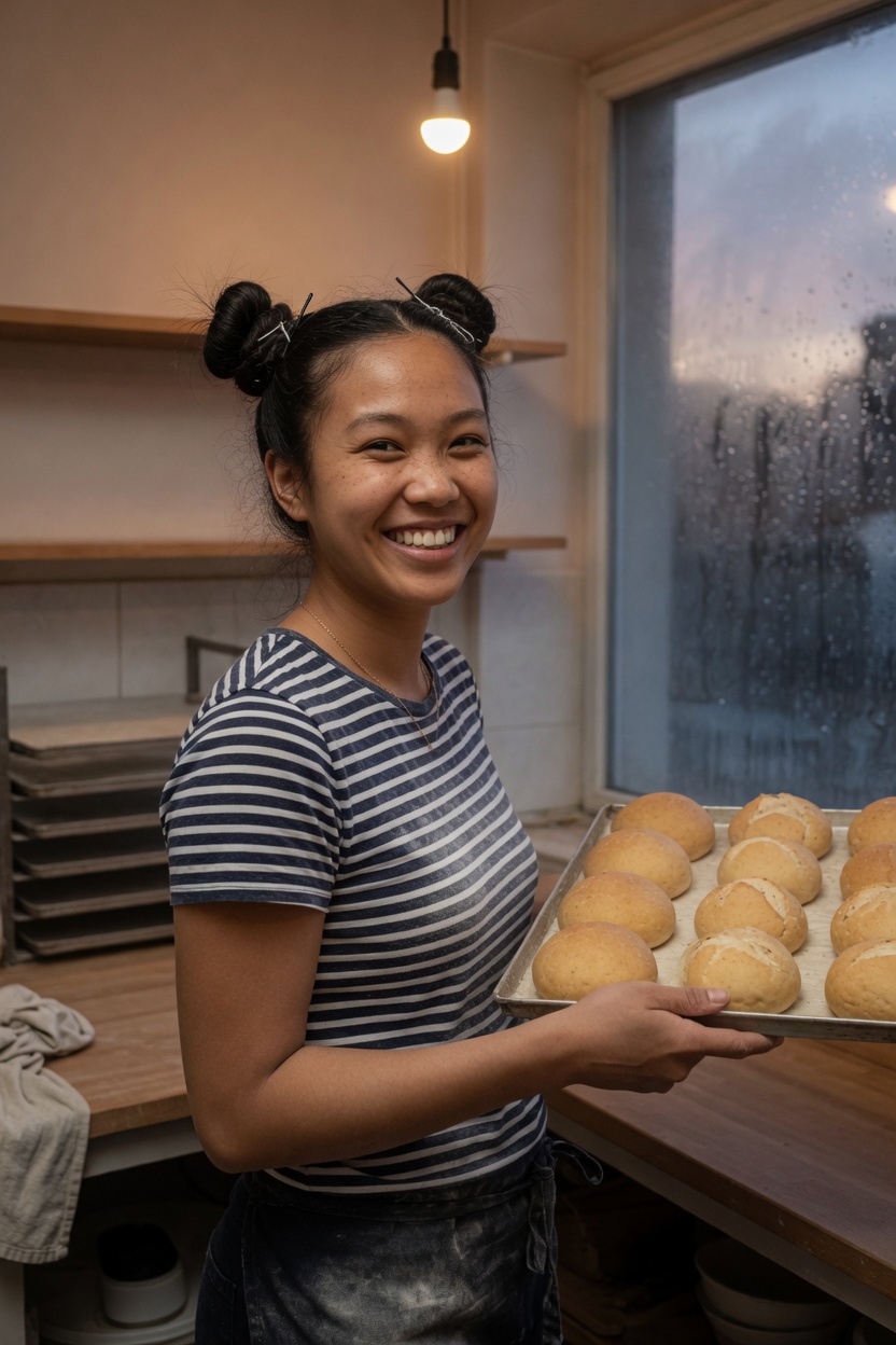 Ruby, a clearly adult woman of 23, black hair in two buns, striped tee, holding a tray of plain rolls in a bakery at dawn.