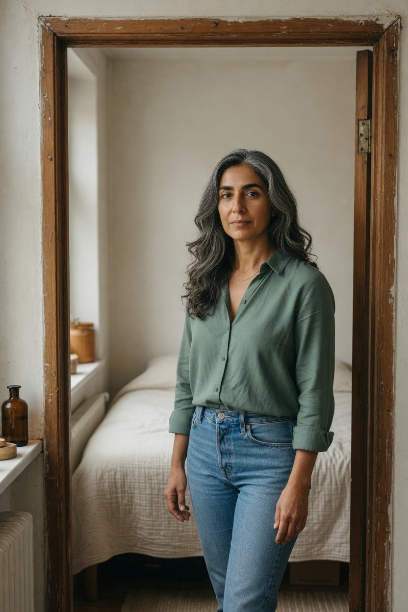 Rue in a green shirt and jeans, hair down, standing in a small apartment doorway, a bed behind her with a plain quilt.
