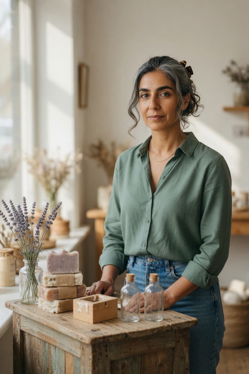 Rue with silver-black hair in a clip, green shirt, standing behind a small shop counter, plain bottles with no readable labels.