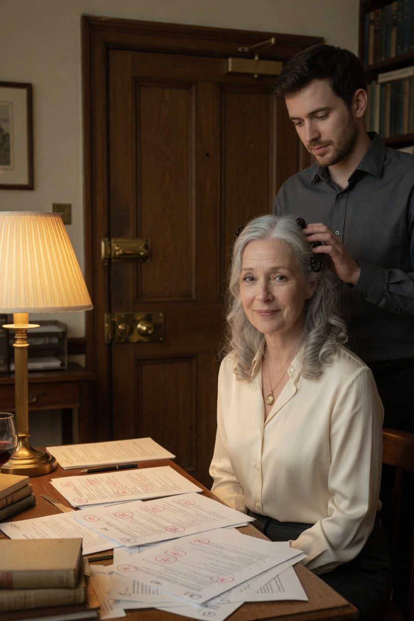 the graded page, the blouse, his hand in my hair, the door's lock visible.