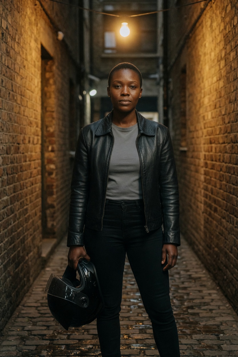 Sable in a black leather jacket and jeans, cropped hair, standing in a brick alley under a warm bulb, motorcycle helmet in one hand.