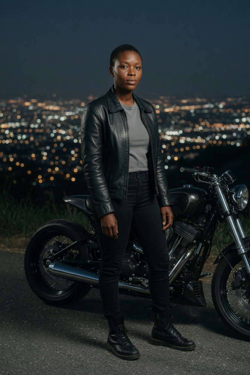 Sable with deep brown skin and cropped hair, black leather jacket, grey t-shirt, and jeans, standing beside a dark motorcycle at a night overlook.