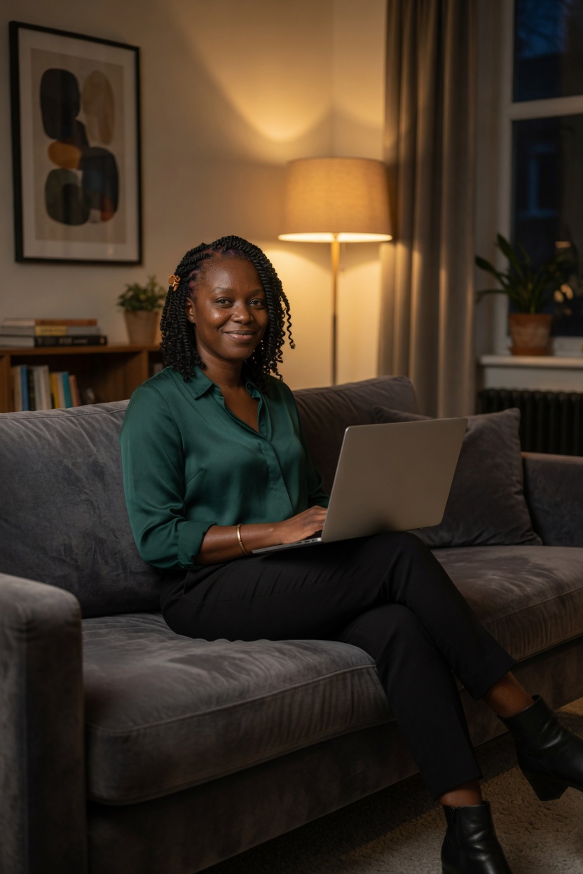 Samira on a sofa in the emerald blouse, laptop closed, lamp low.