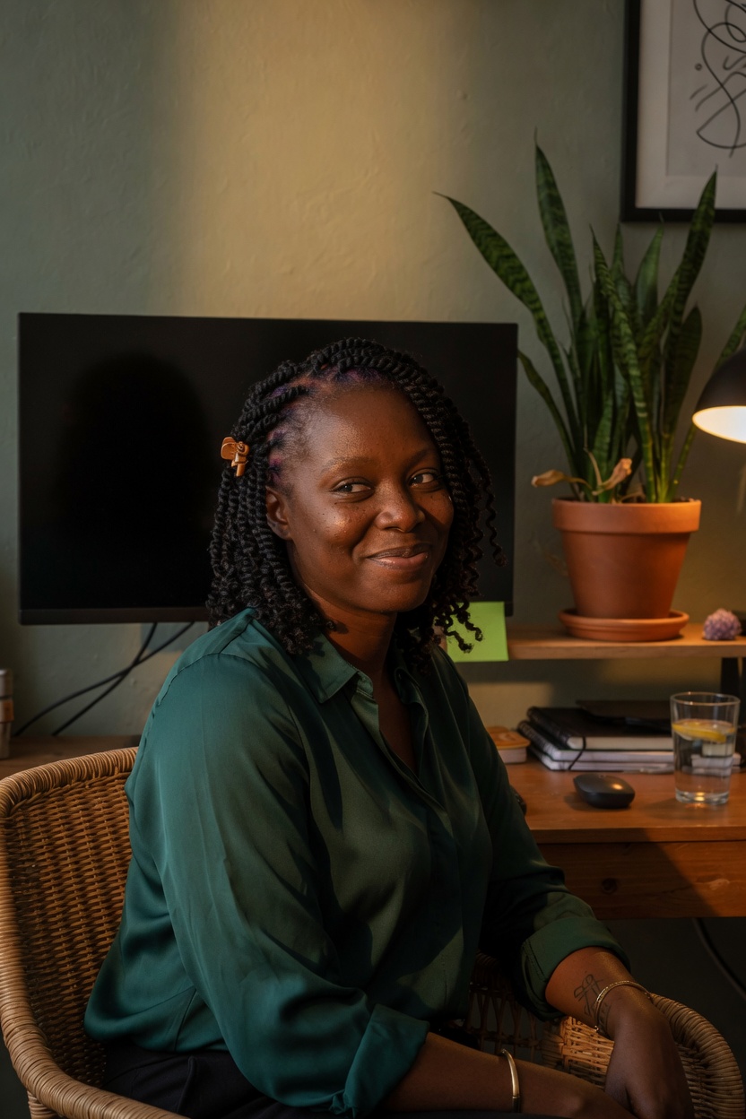 Samira with shoulder-length twists, emerald blouse, deep brown skin, seated at a home desk, monitor dark.