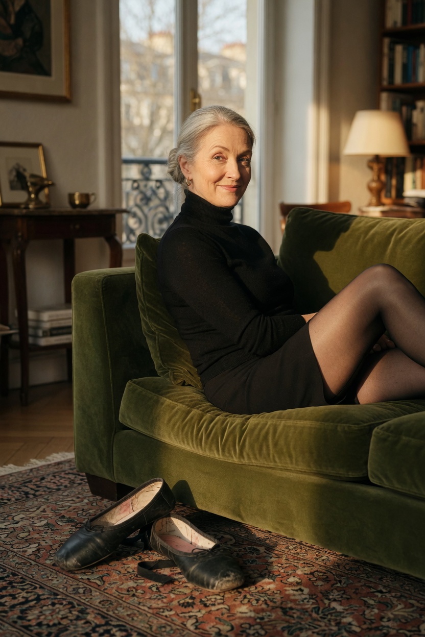 Sandra on a sofa in the black turtleneck and stockings, slippers on the rug, late afternoon light.