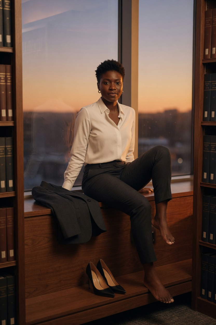 Simone seated on a library window ledge, charcoal jacket off, white shirt, heels on the floor beside her.