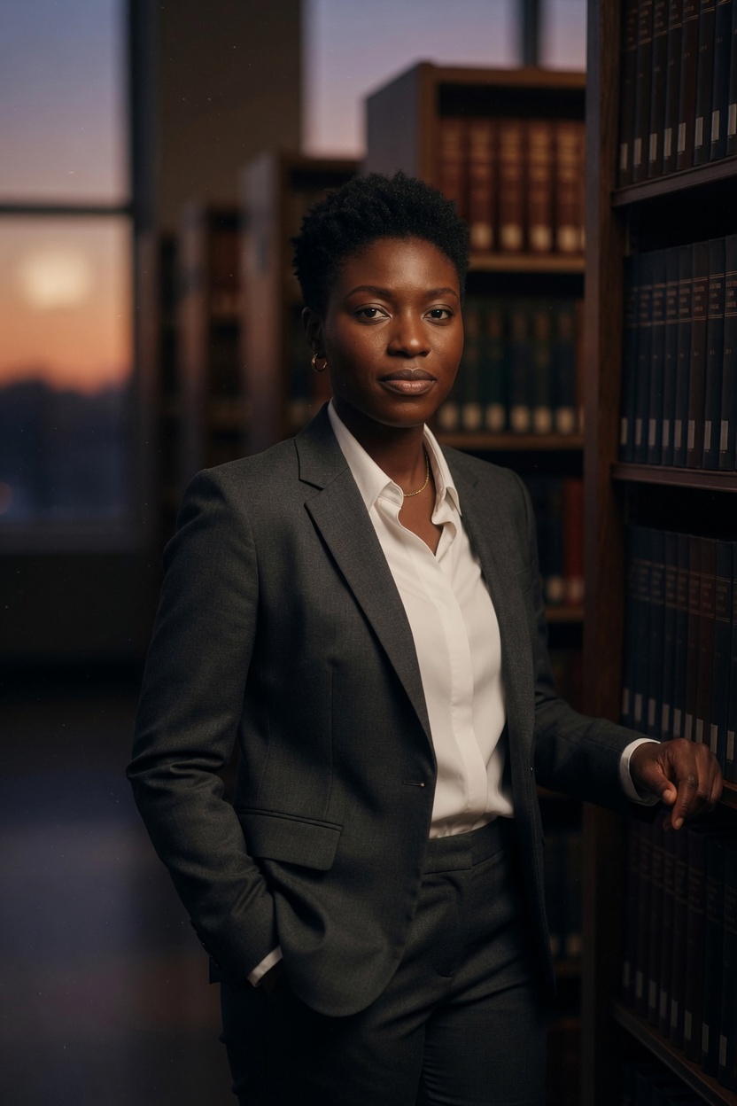 Simone in a charcoal suit, short natural hair, standing by law-library stacks at dusk.