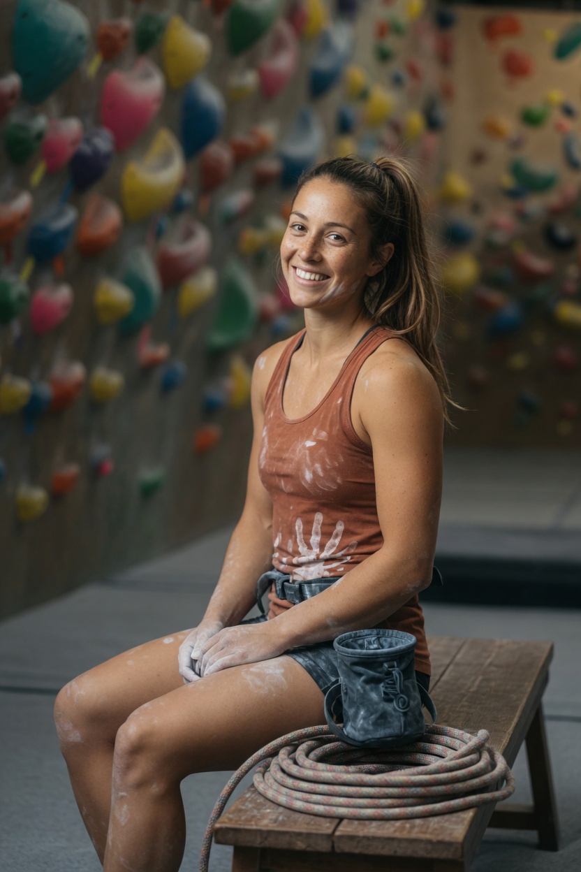 Skye seated on a bench in the rust tank, ponytail, chalk bag in her lap, rope coiled neatly.