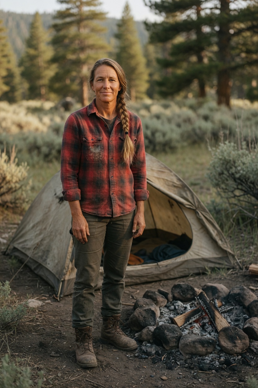Sol with a dark blonde braid and tan skin, flannel shirt, standing beside a small tent and a dead campfire.