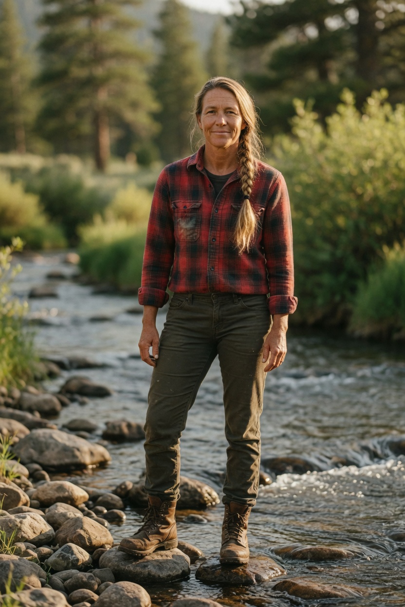 Sol in a flannel shirt and boots, braid over her shoulder, standing on river rocks in late sun.