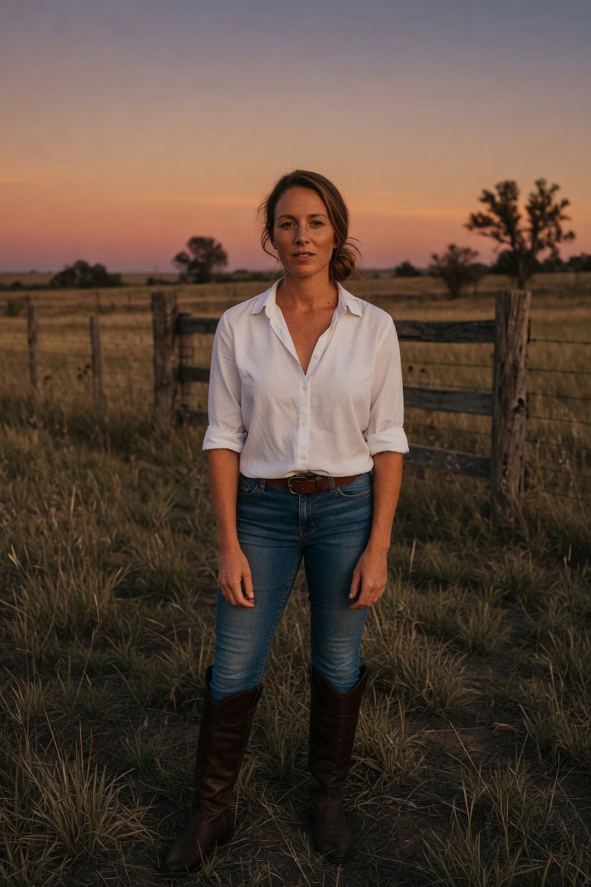 Sorrel with honey-brown hair and freckles, white shirt and jeans, standing in a field at dusk, a fence line, no hives in frame.