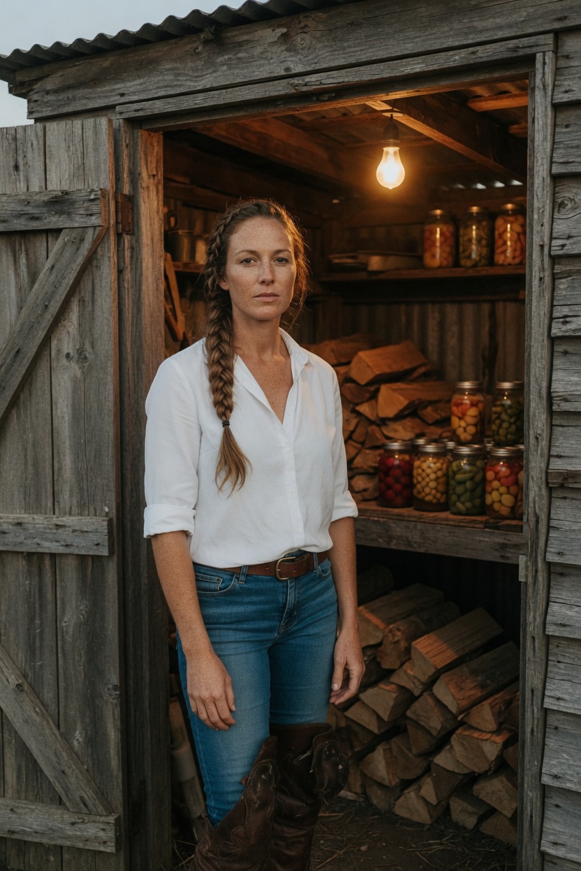 Sorrel in a white shirt, hair braided, standing in the doorway of a wood shed, warm bulb, jars with no readable labels.