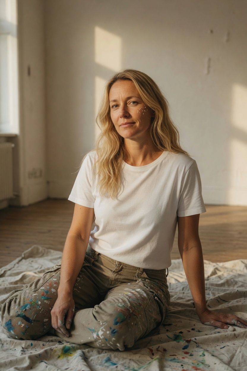 Sunday in a white t-shirt, hair down, seated on a folded drop cloth in an unfurnished room, late light.