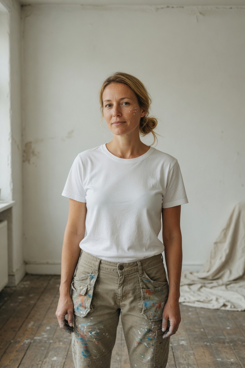 Sunday with honey-blonde hair in a knot, white t-shirt and canvas pants, standing in an empty room with a drop cloth folded in the corner.