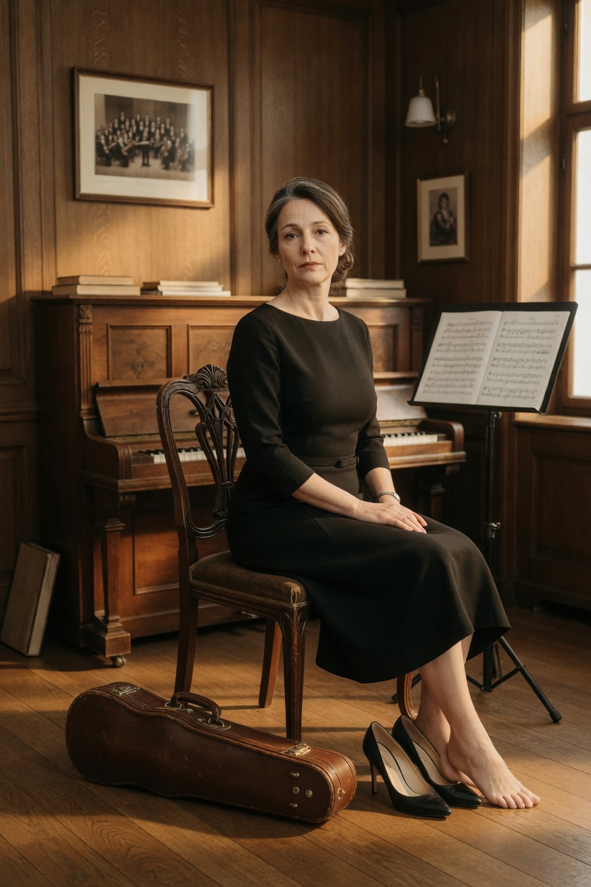 Suzanne on a music-room chair, black dress, shoes off, violin closed in its case.
