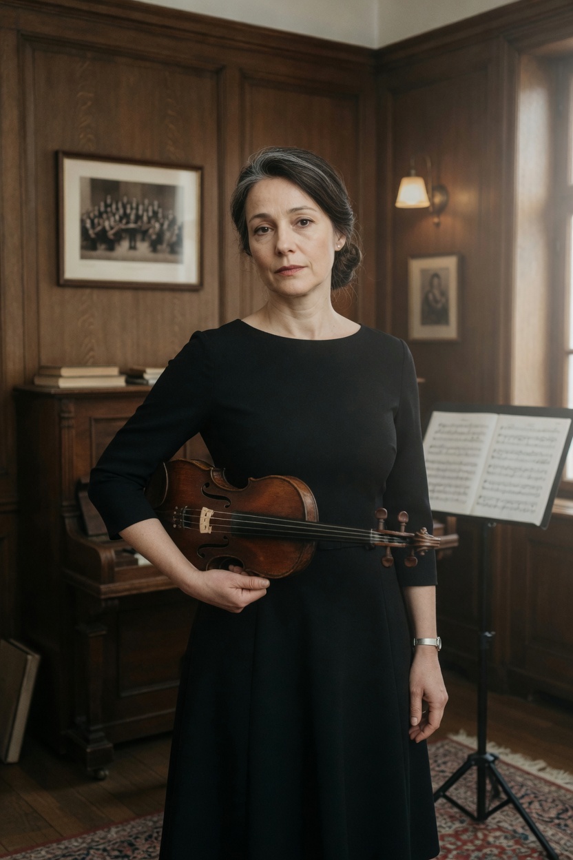 Suzanne in a black dress, violin under her arm, dark hair with silver at the temples, wood music room.