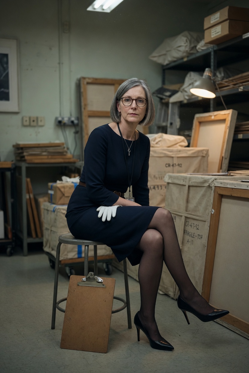 Sylvia seated on a storage stool, navy dress, one heel off, stockings, a clipboard face-down.