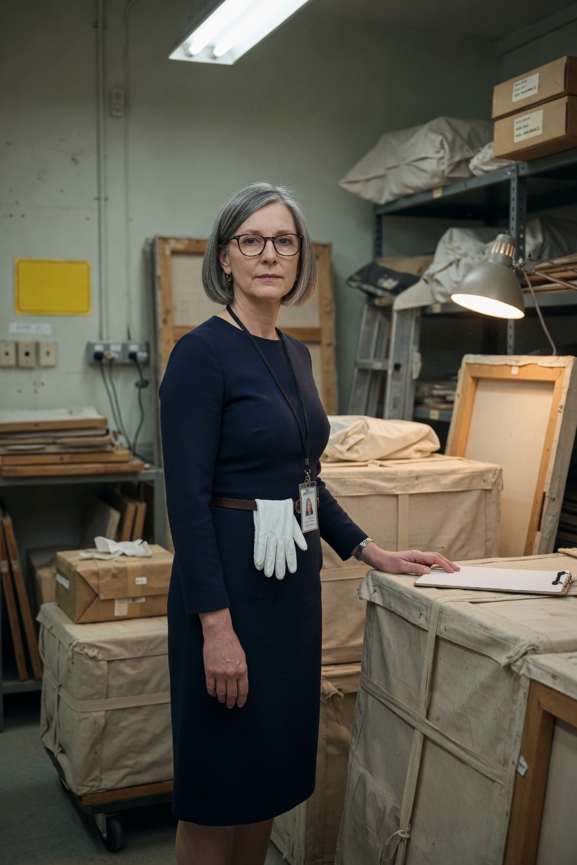 Sylvia with a grey bob, navy dress, standing among wrapped crates in museum storage.