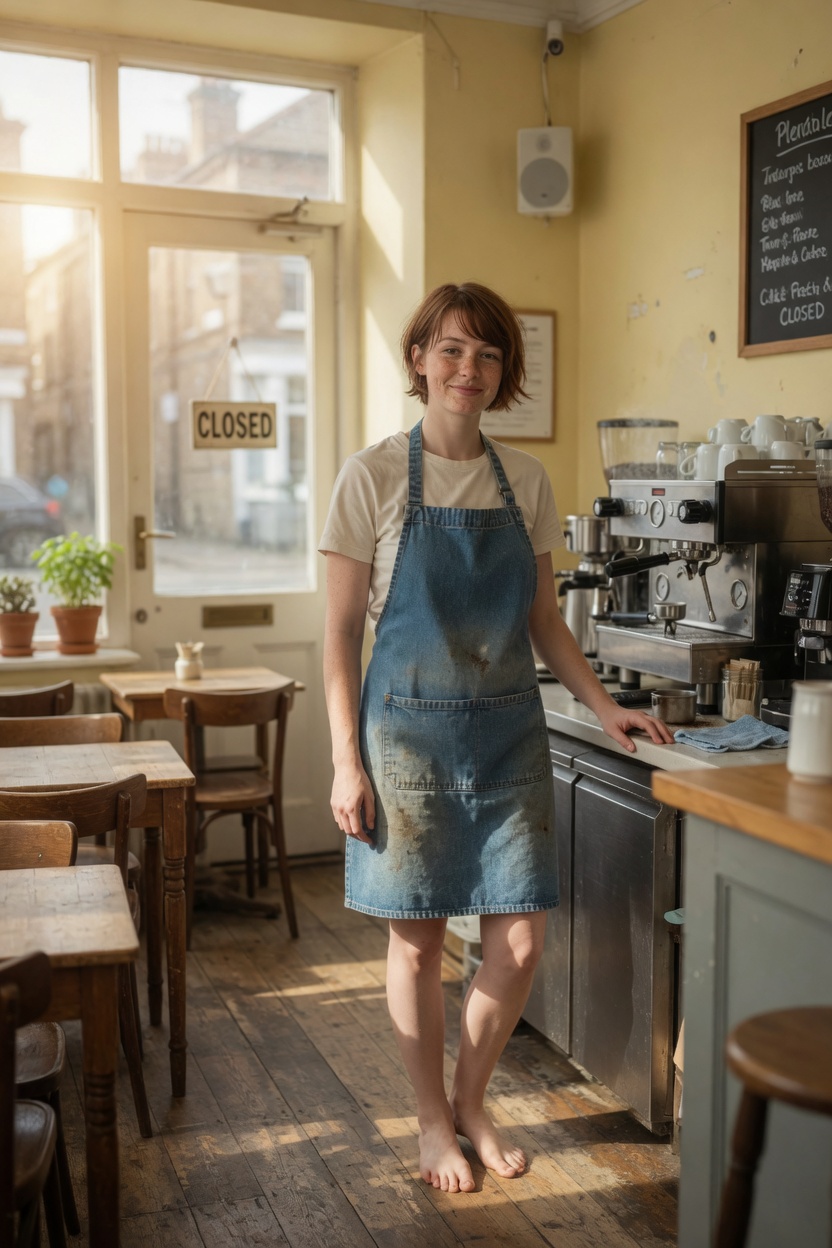 Tessa in a denim apron over a t-shirt, freckles, short chestnut hair, barefoot in a closed cafe before open.