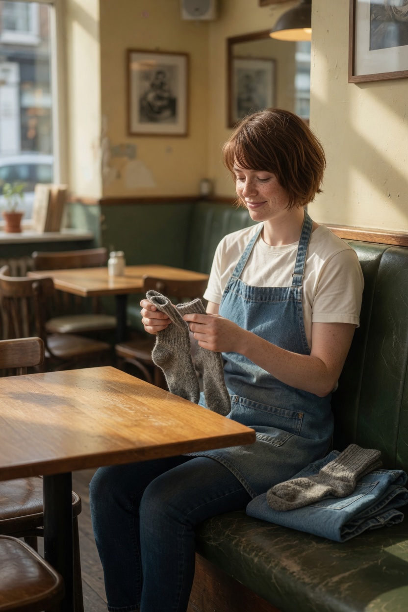 Tessa in the back booth, apron off, socks in her hand, morning light on the empty counter.