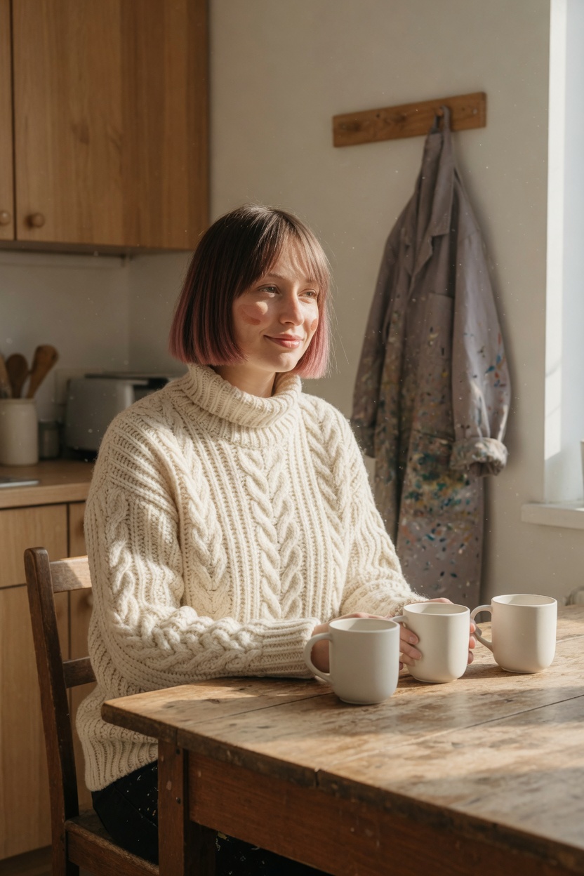 Thea in a knit sweater, smock on a hook, three mugs on a kitchen table, morning light.