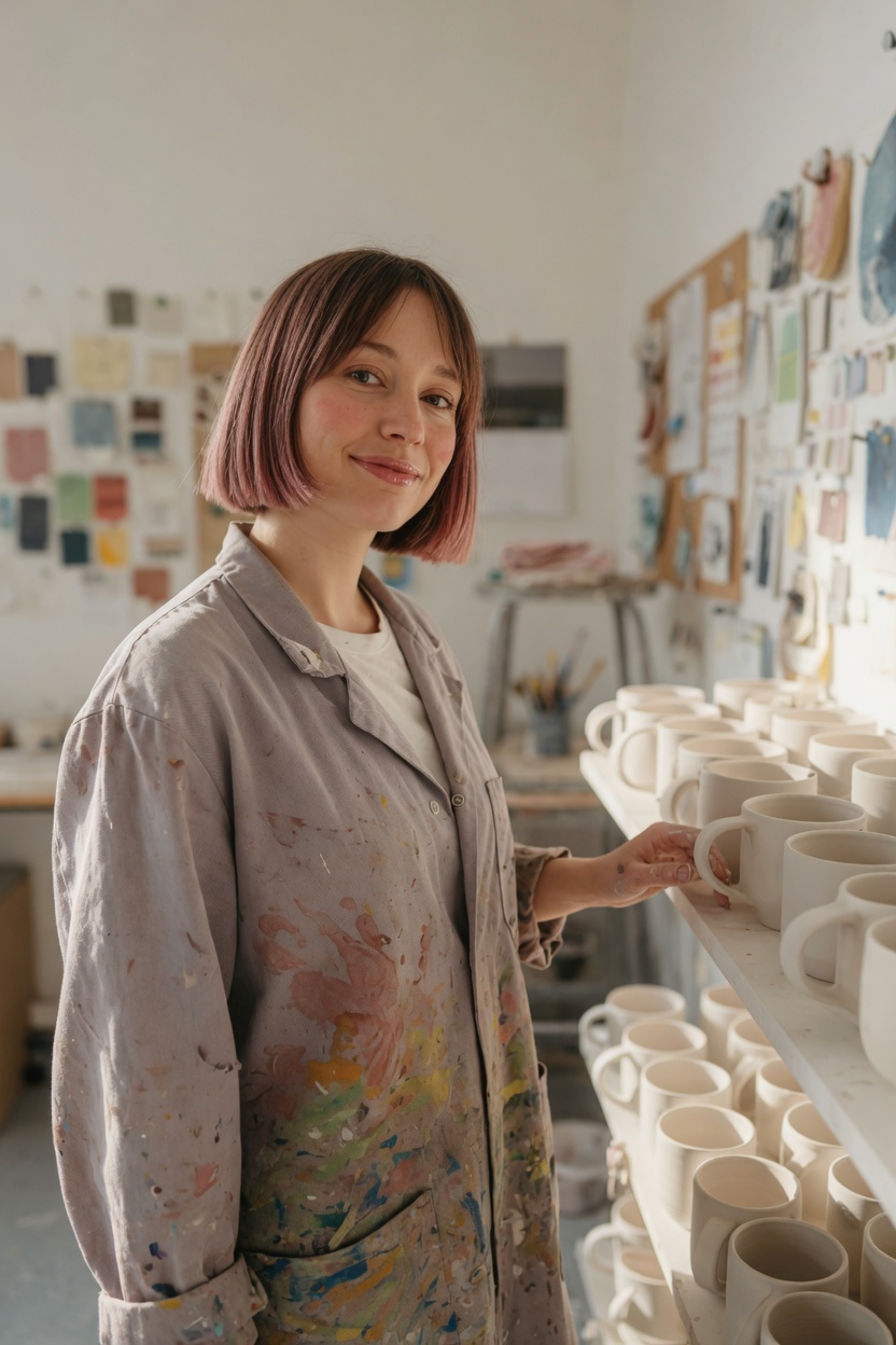 Thea with a pink-tinted brown bob, paint-stained smock, standing by a shelf of plain mugs.