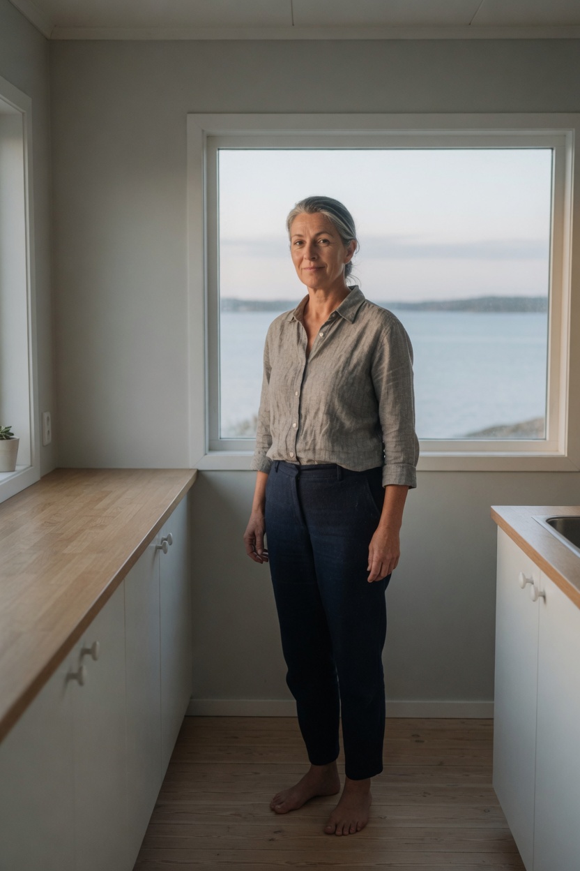 Thora, an adult woman of 51, silver-streaked hair pulled back, grey linen shirt and navy trousers, standing in a kitchen with morning light and a view of water.