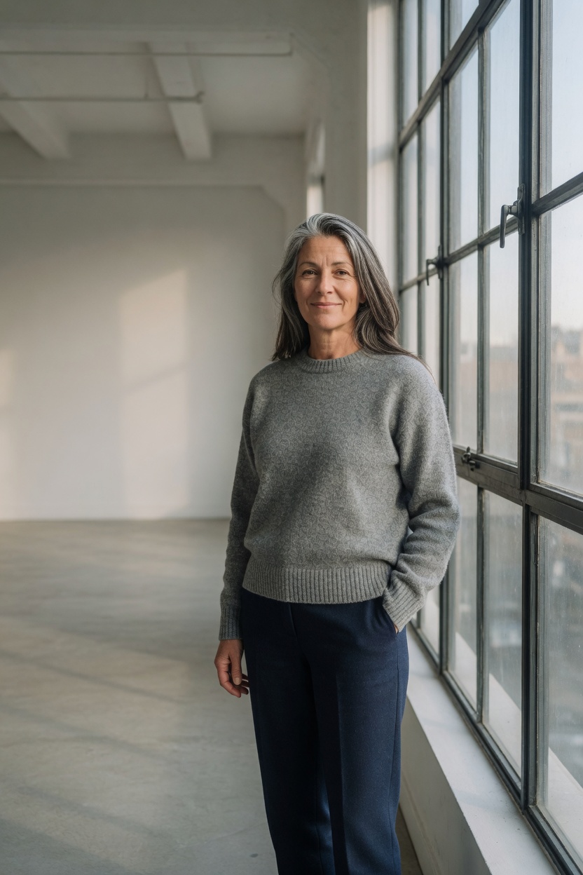 Thora in a grey wool sweater and navy trousers, silver-streaked hair down, standing at a tall loft window.