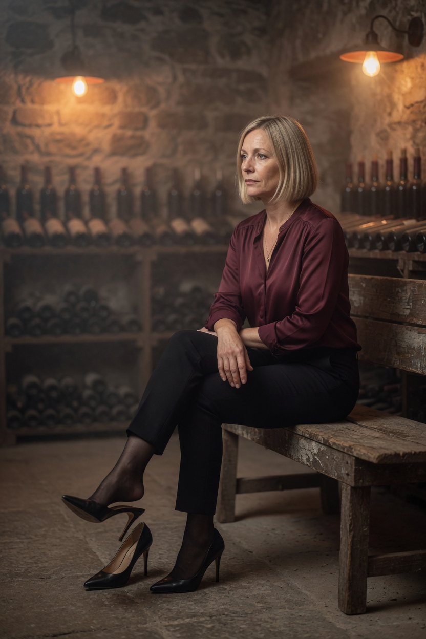 Valerie seated on a cellar bench in the burgundy blouse, one heel off, bottles soft behind her.