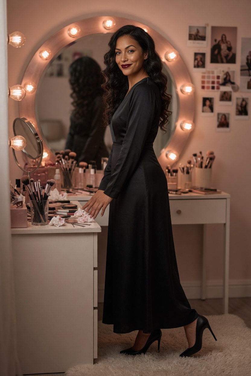 Vanessa standing by the vanity in a long black dress, heels on the rug.