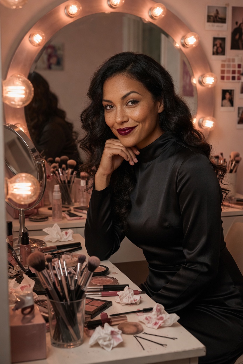 Vanessa with glossy dark waves, black dress, seated at a vanity with round bulbs, brushes in a cup.