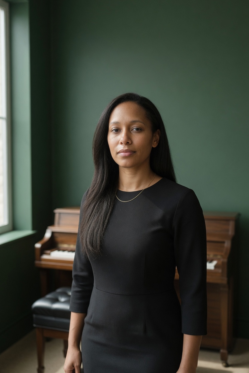 Veda with medium brown skin and long dark hair, black closed-neck dress, standing in a small green room, a piano bench behind her.