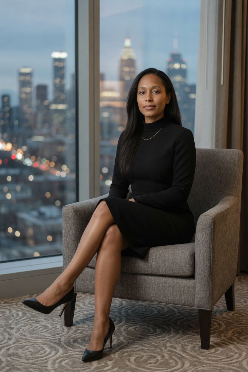 Veda in a black dress, hair down, seated in a hotel chair by a window, city lights, heels on the carpet.