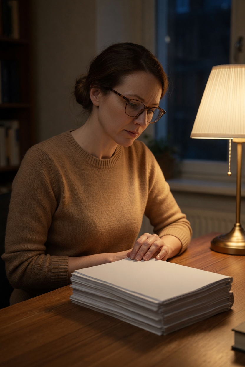 Veronica in a camel sweater and tortoiseshell glasses, at a wood desk with a stack of plain pages, lamp on.