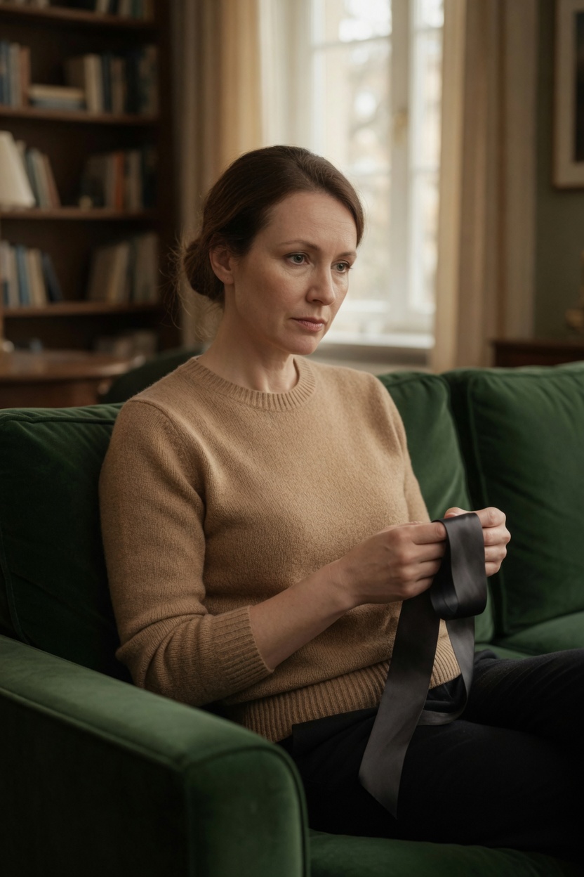 Veronica on a sofa, camel sweater, glasses off, a dark silk ribbon folded in her hand.
