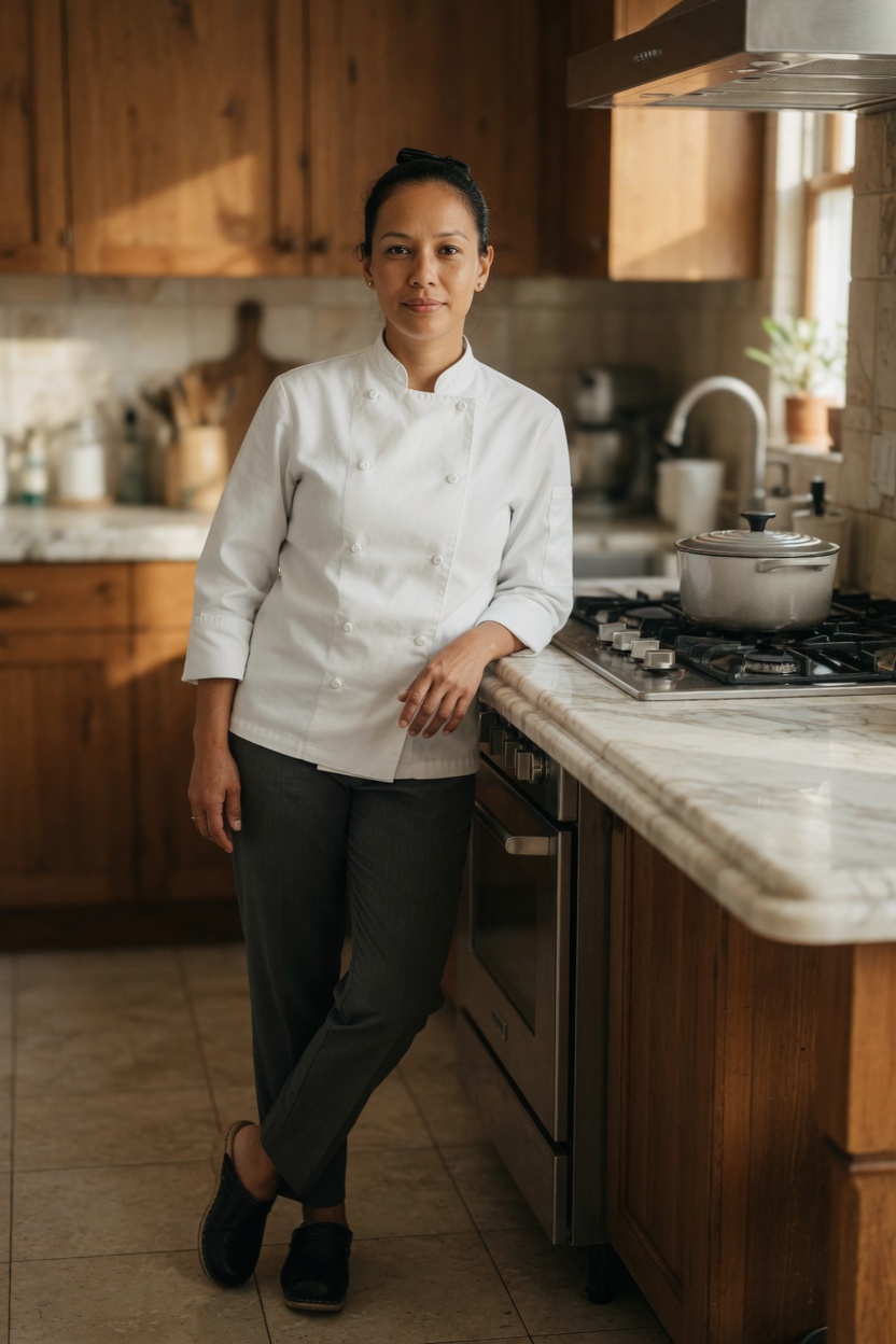 Vesper in a white chef coat, hair clipped, leaning on a kitchen island in her own home, a single pot on the stove.
