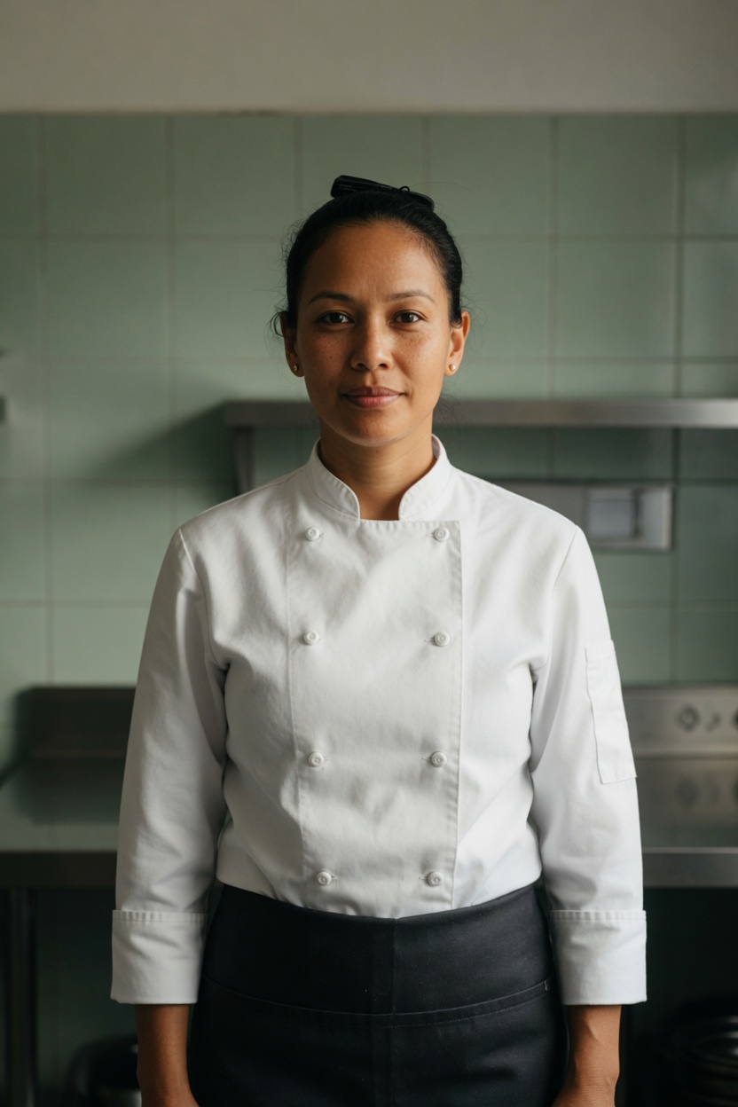 Vesper with light brown skin and black hair in a clip, white chef coat buttoned, standing in a kitchen after service, counters clear.