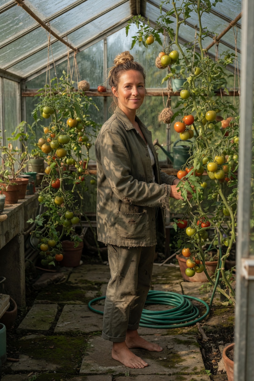 Willa in an olive chore coat, sandy hair in a knot, barefoot on greenhouse pavers beside tomato plants, a hose coiled nearby.