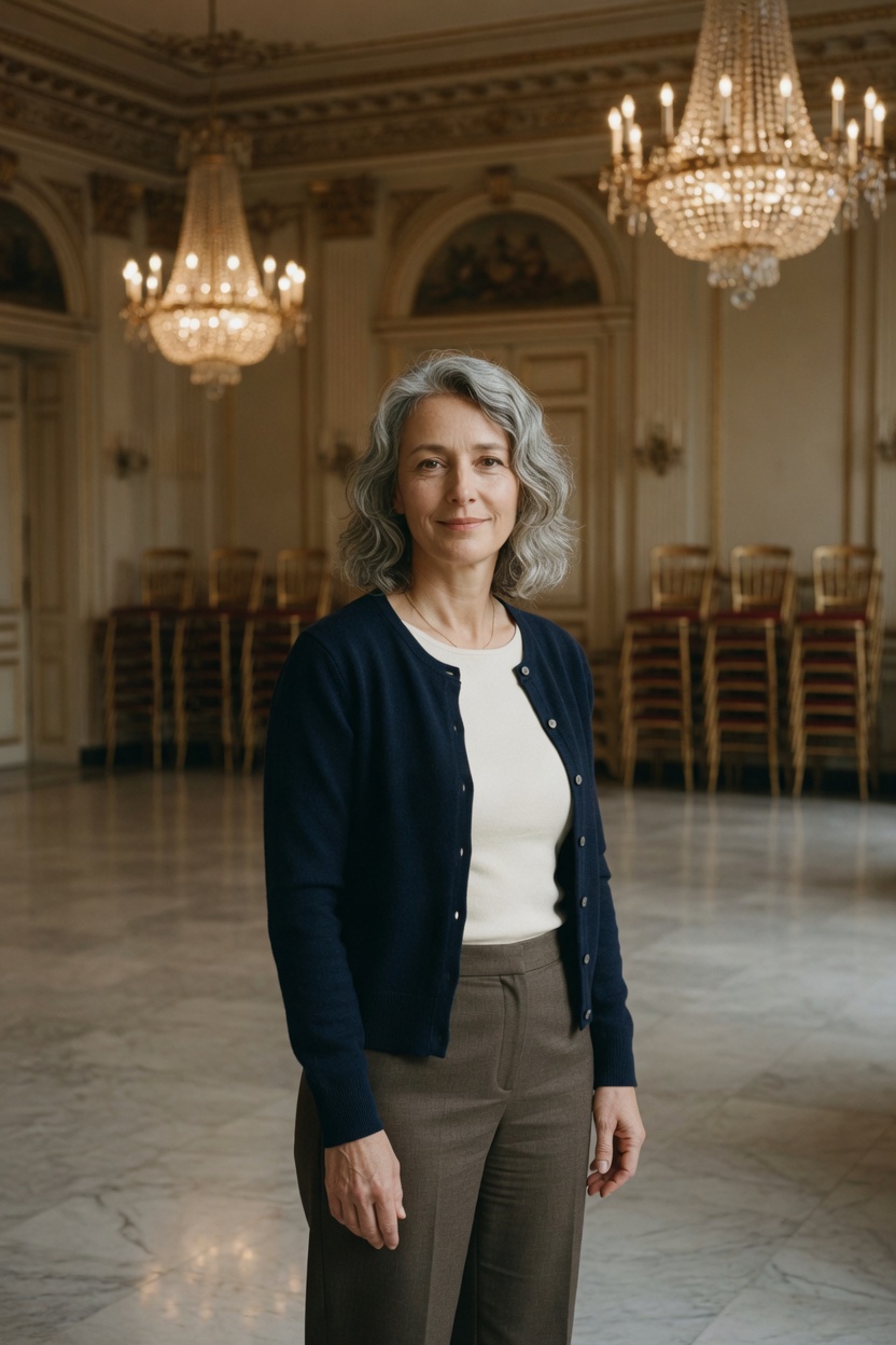 Wynn with grey waves, navy cardigan, standing in an empty ballroom, chairs stacked, no banner.