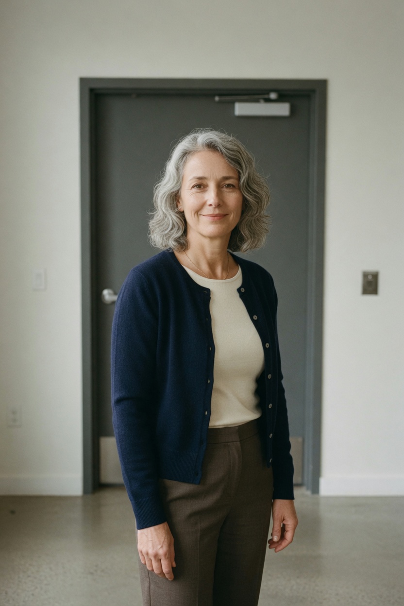 Wynn in a navy cardigan, grey hair down, standing in a plain hotel service hall, a door behind her.
