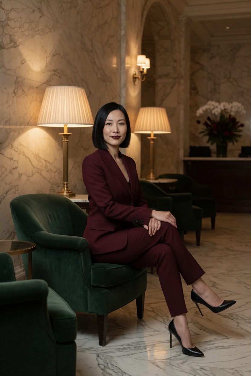 Yvette in a burgundy blazer and black heels, seated in a marble hotel lobby after hours.
