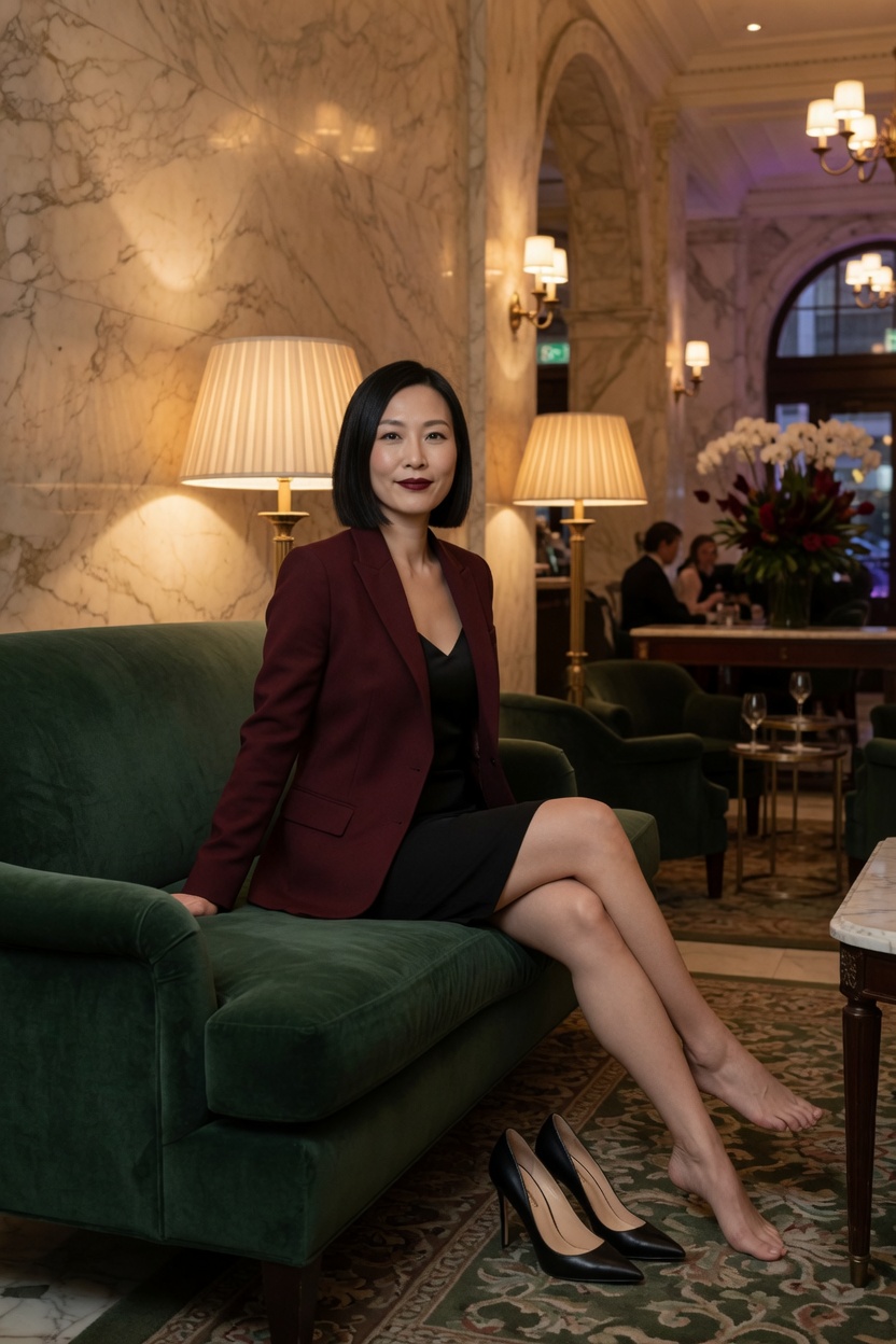 Yvette on a hotel sofa, burgundy blazer open over a black dress, heels on the carpet, feet bare.