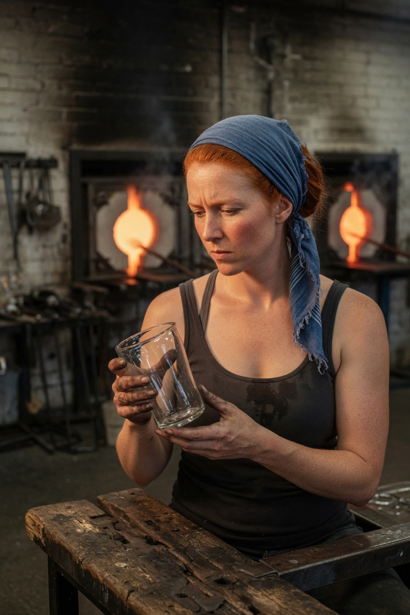 Yvonne seated on a shop bench, gloves off, dark tank, a cooled plain glass cup in her hands.
