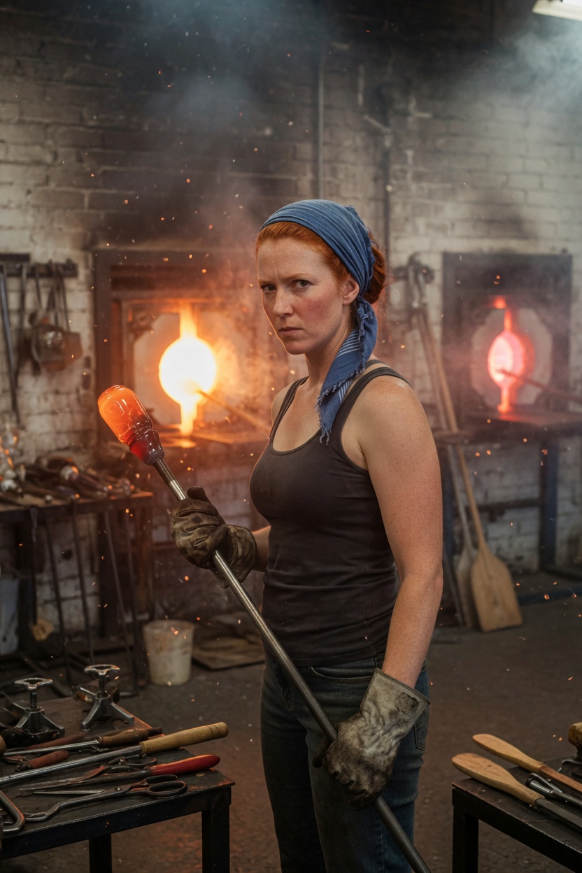 Yvonne with red hair in a scarf, dark tank, standing in a hot shop, a glass pipe in her gloved hand, furnace glow.