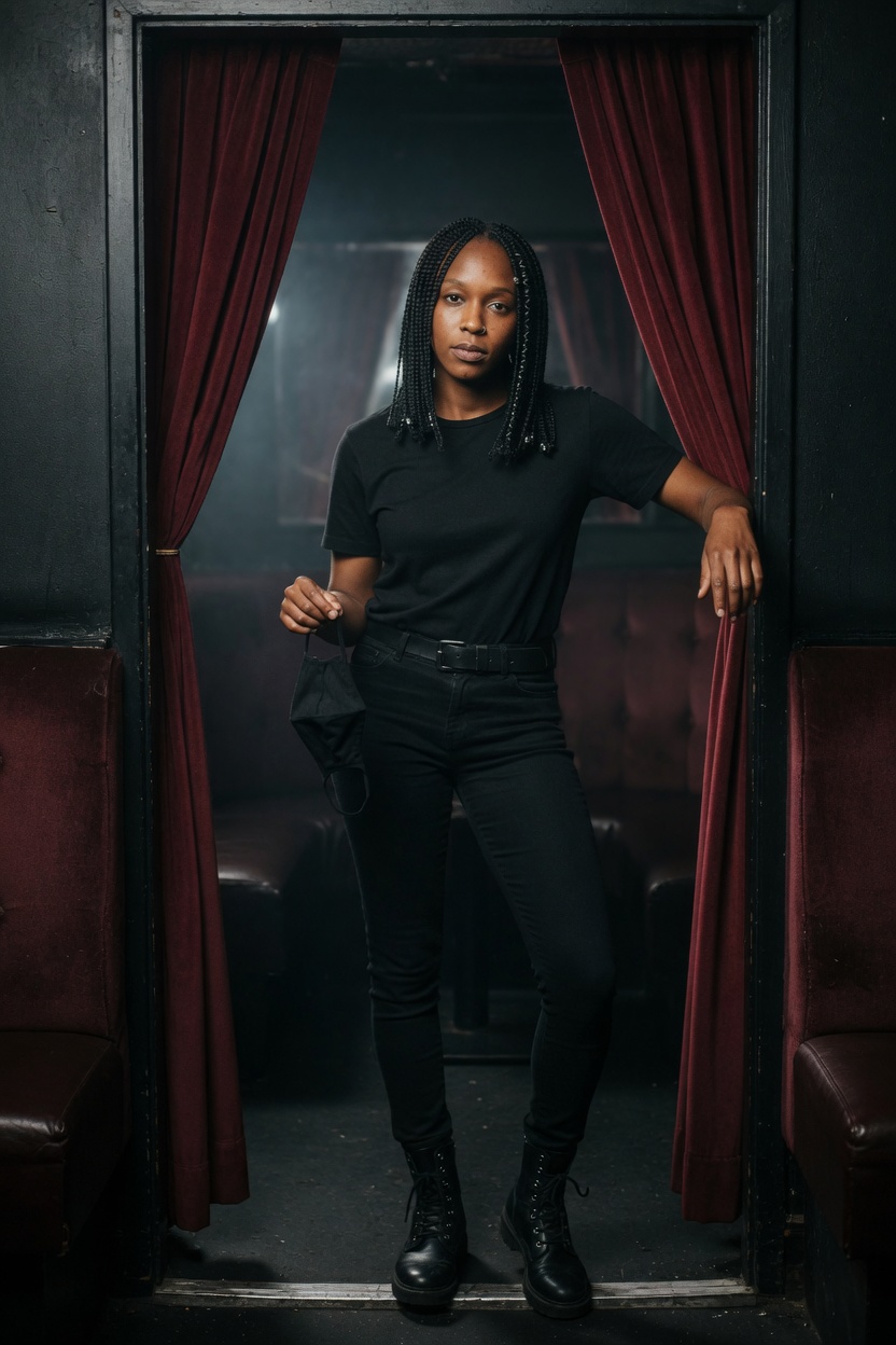 Zeta with long box braids, black t-shirt, standing in a dark club booth doorway, a plain black mask in her hand.